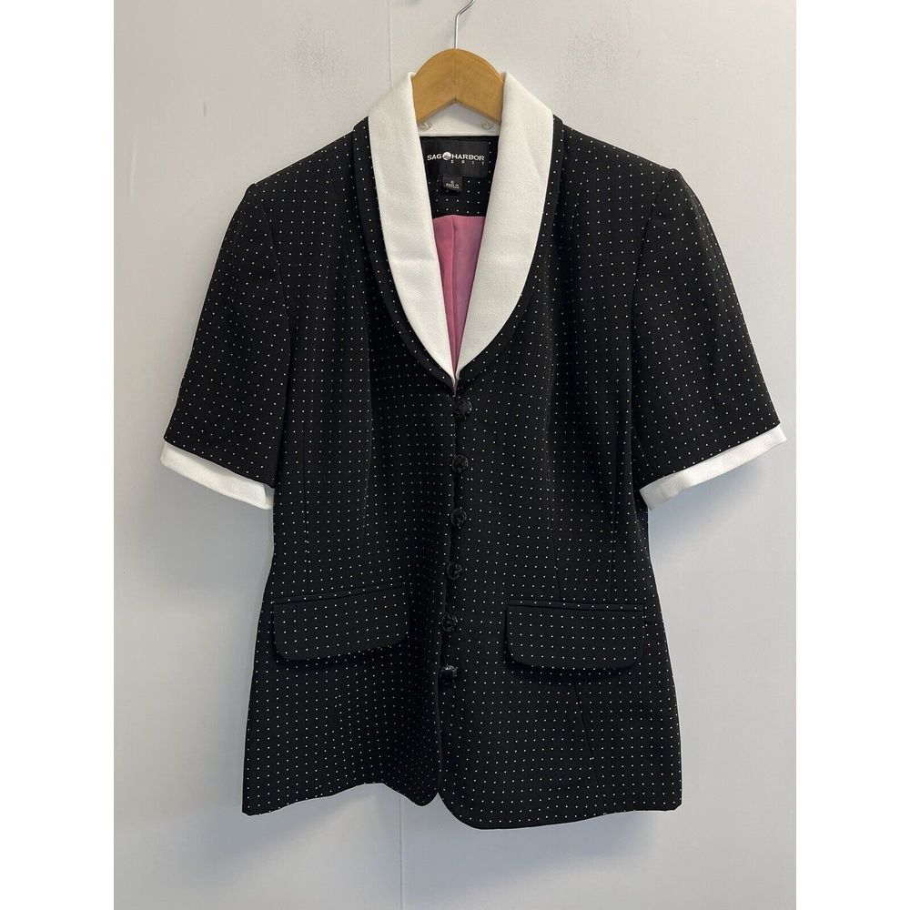 Sag Harbor Women's Size 8 Black Short Sleeve Business Suit Jacket Polka Dot‎